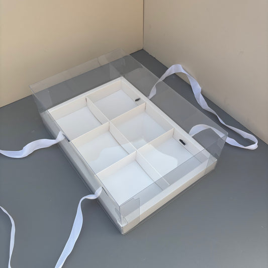 10PCS 6-compartments white base box with clear lid & ribbon